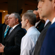 House Minority Whip Steve Scalise, R-La., fourth from left, speaks to members of the media in front of House Republicans after Deputy Assistant Secretary of Defense Laura Cooper arrived for a closed door meeting to testify as part of the House impeachment inquiry into President Donald Trump, Wednesday, Oct. 23, 2019, on Capitol Hill in Washington.